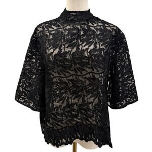 N By Nancy Black Embroidered Lace Sheer Floral Women Blouse Small Mock Neck